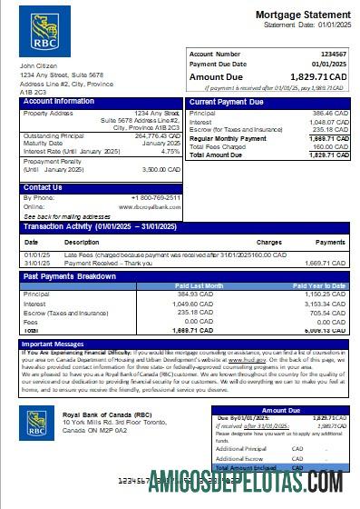 Declaração de hipoteca bancária do Royal Bank Of Canada (RBC) do Canadá baixar para verificação